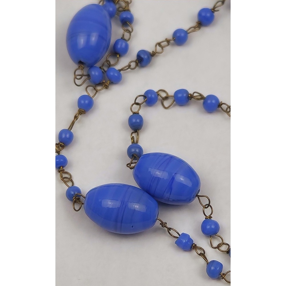 Antique Blue Swirl Glass Flapper Chain Necklace Hand Wired - Picture 4 of 11
